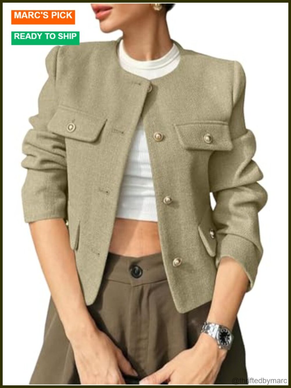 Cropped Tweed Blazer Collarless Button Down Women's Suit Jacket